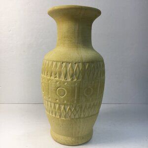 West German Yellow Textured Ceramic 12" Vase Geometric Patterns Vintage